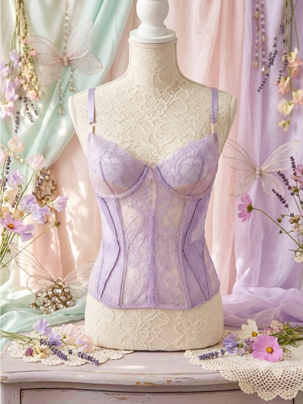 Victoria’s Secret Fairycore Whimsical lilac Lavender Pastel Purple Lace Corset